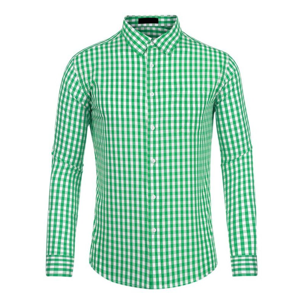 Plaid Shirt Regular Fit Button Down Long Sleeves Checkered Shirts Green White